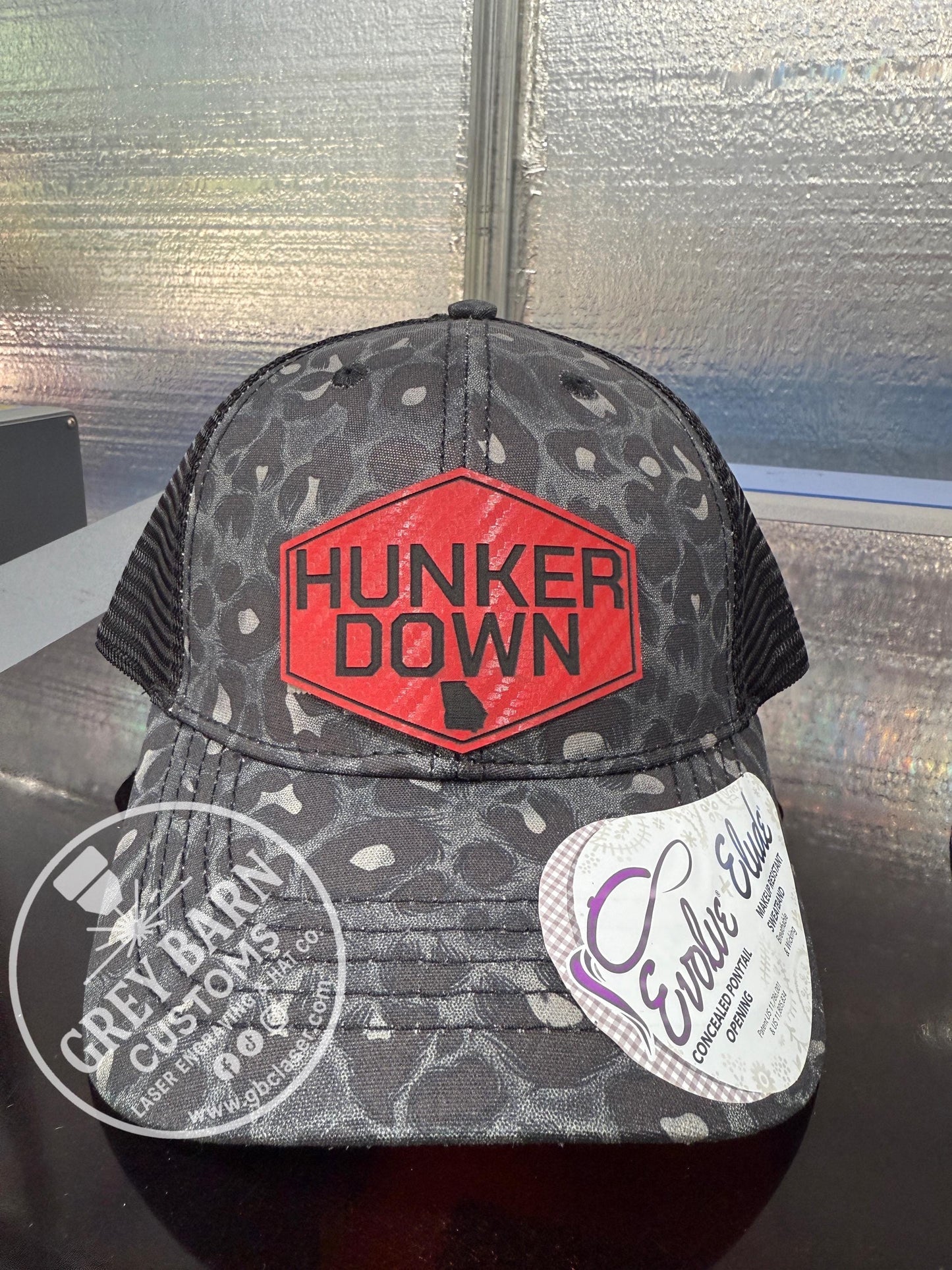 Hunker Down hat, leatherette patch hat