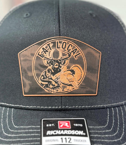 Eat Local hat, deer turkey fish, linen camo patch, Richardson 112 hat