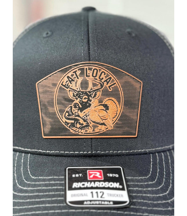 Eat Local hat, deer turkey fish, linen camo patch, Richardson 112 hat
