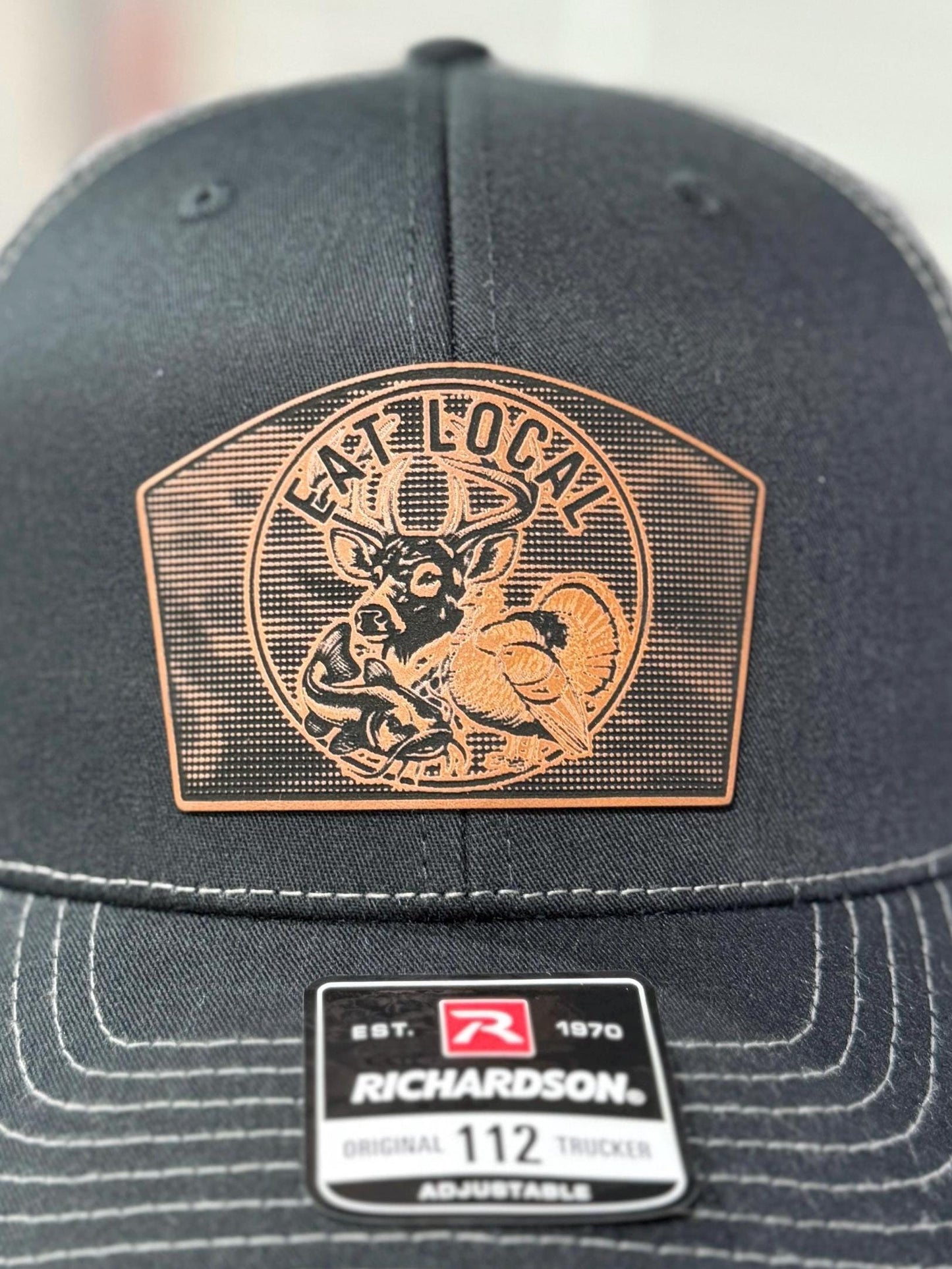 Eat Local hat, deer turkey fish, linen camo patch, Richardson 112 hat