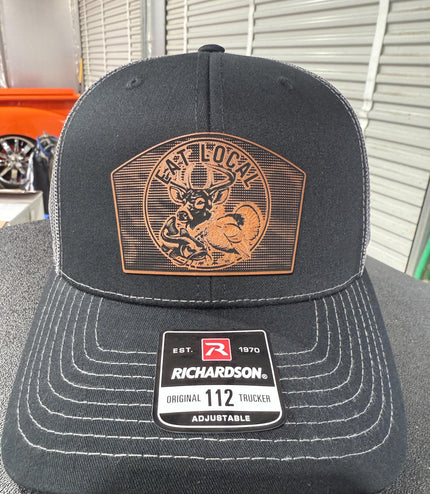 Eat Local hat, deer turkey fish, linen camo patch, Richardson 112 hat