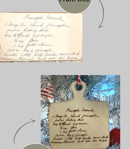 Handwritten Recipe Christmas ornaments, Farm house ornament, Mini Cutting Board, gift tag